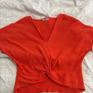 Zara Orange Tie Front Cap Sleeve Crop Top